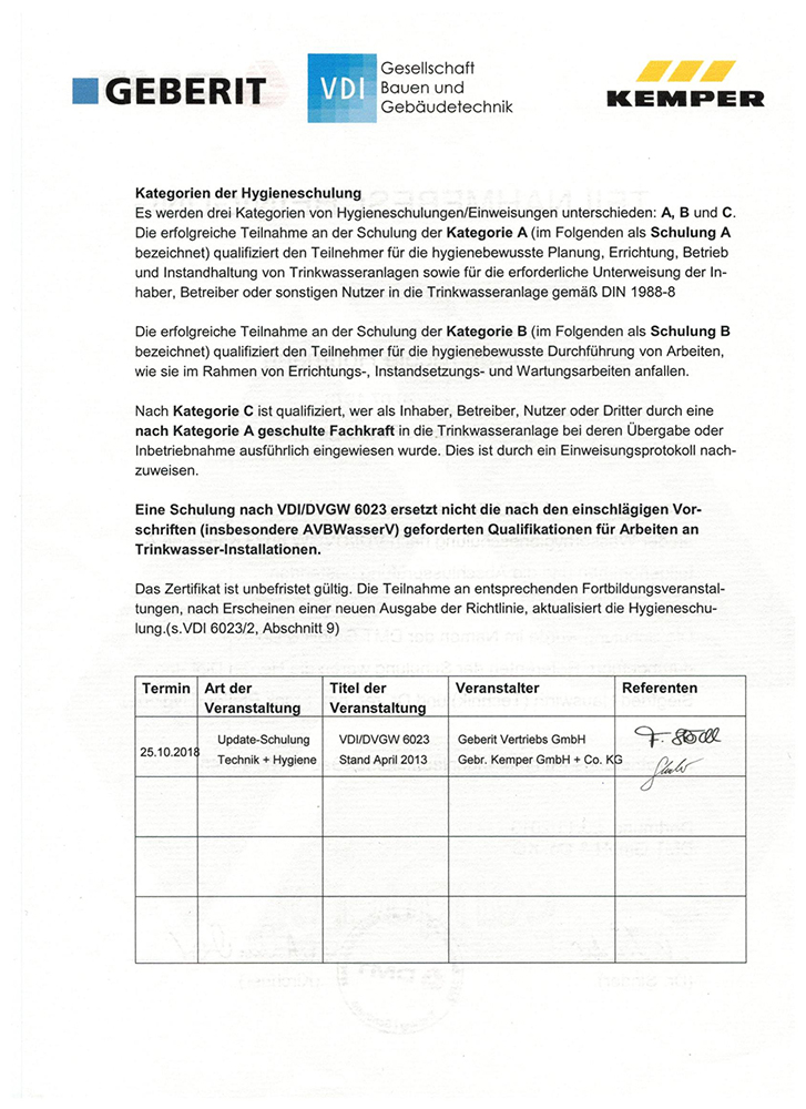 hygieneschulung nach VDI/DVGW 6023